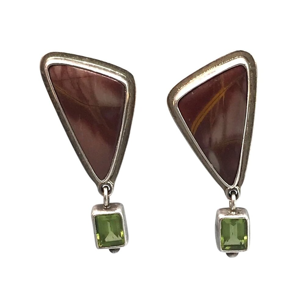 OOAK Obsidian Sterling Stone Earrings with Peridot Dangle, Vintage Mauve Natural